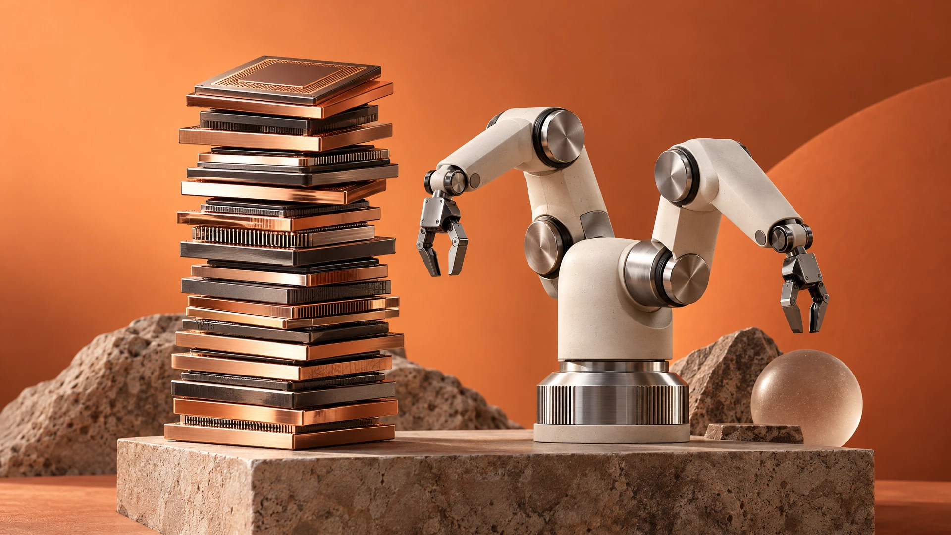 Stack of copper and graphite chip-like tiles beside a two-armed ceramic and aluminum robot figure on a stone plinth, coral background